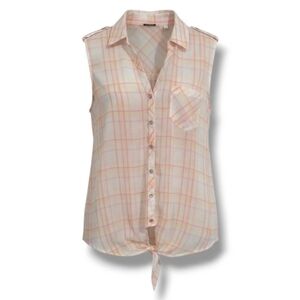 Reitmans Women's Multicolor Sleeveless Plaid Tie-Front Button Blouse Semi-Sheer